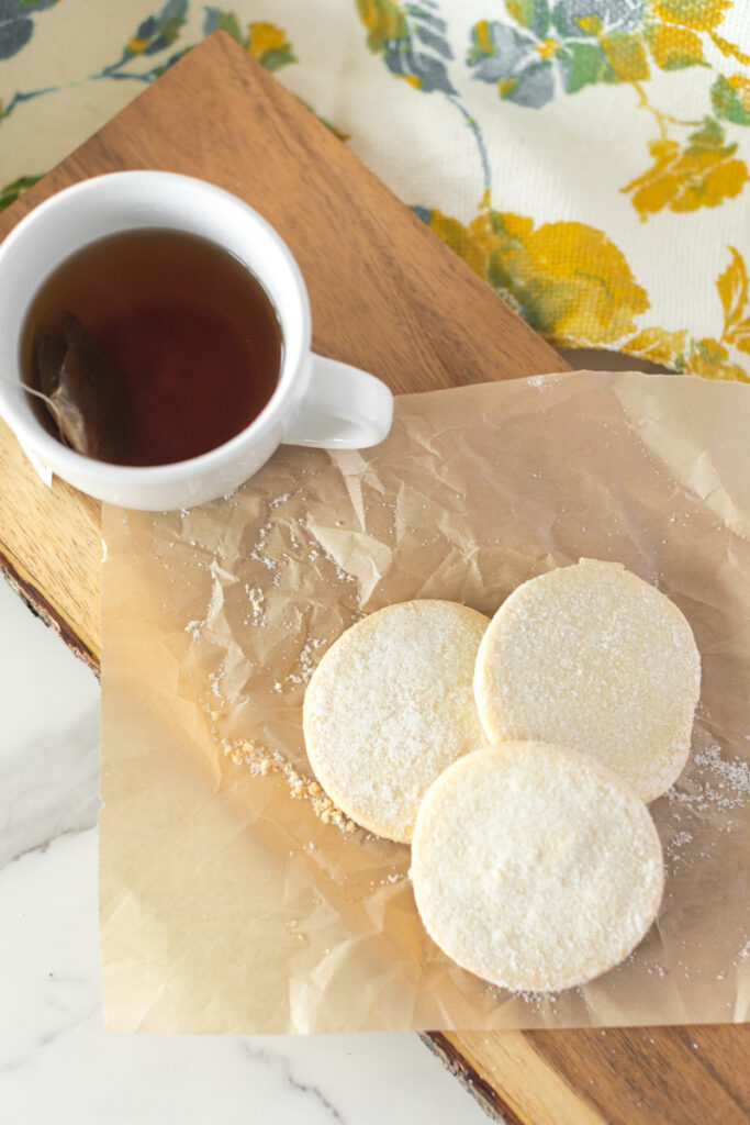 shortbread cookies styled on plate with tea, lifestyle product photography