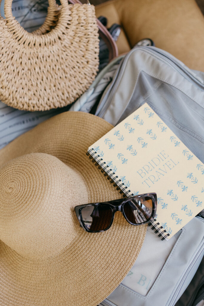 Travel suitcase flat lay luxury travel planner