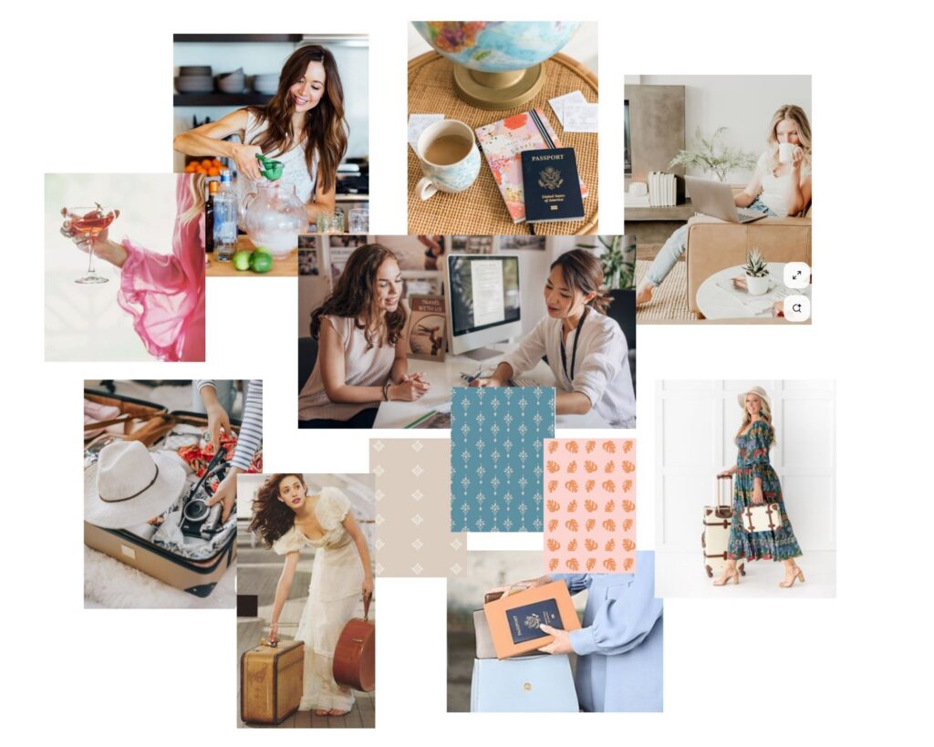 Brand photography mood board for Bridie Travel featuring travel flat lays, passport props, feminine colour palette in dusty blue coral and blush, packing scenes, and elegant feminine portraits — created for luxury destination wedding travel planner Megan by brand photographer Lisa Kathan