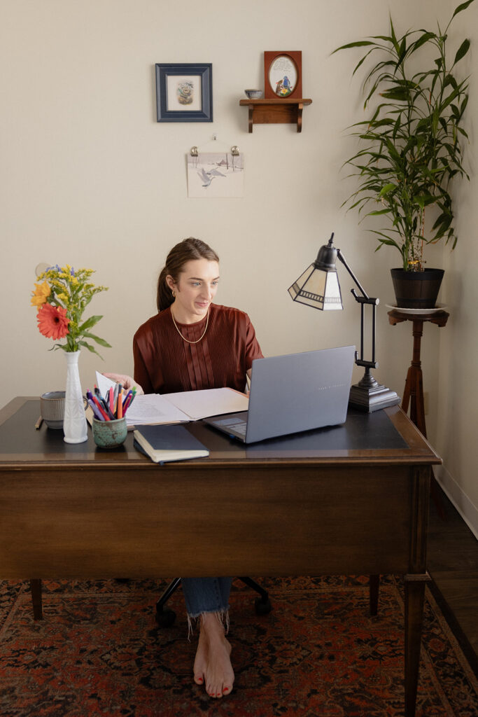 Therapist brand photos at a vintage desk in a Chicago private practice