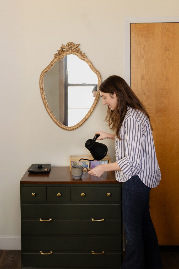 Chicago therapist brand session at an office tea nook